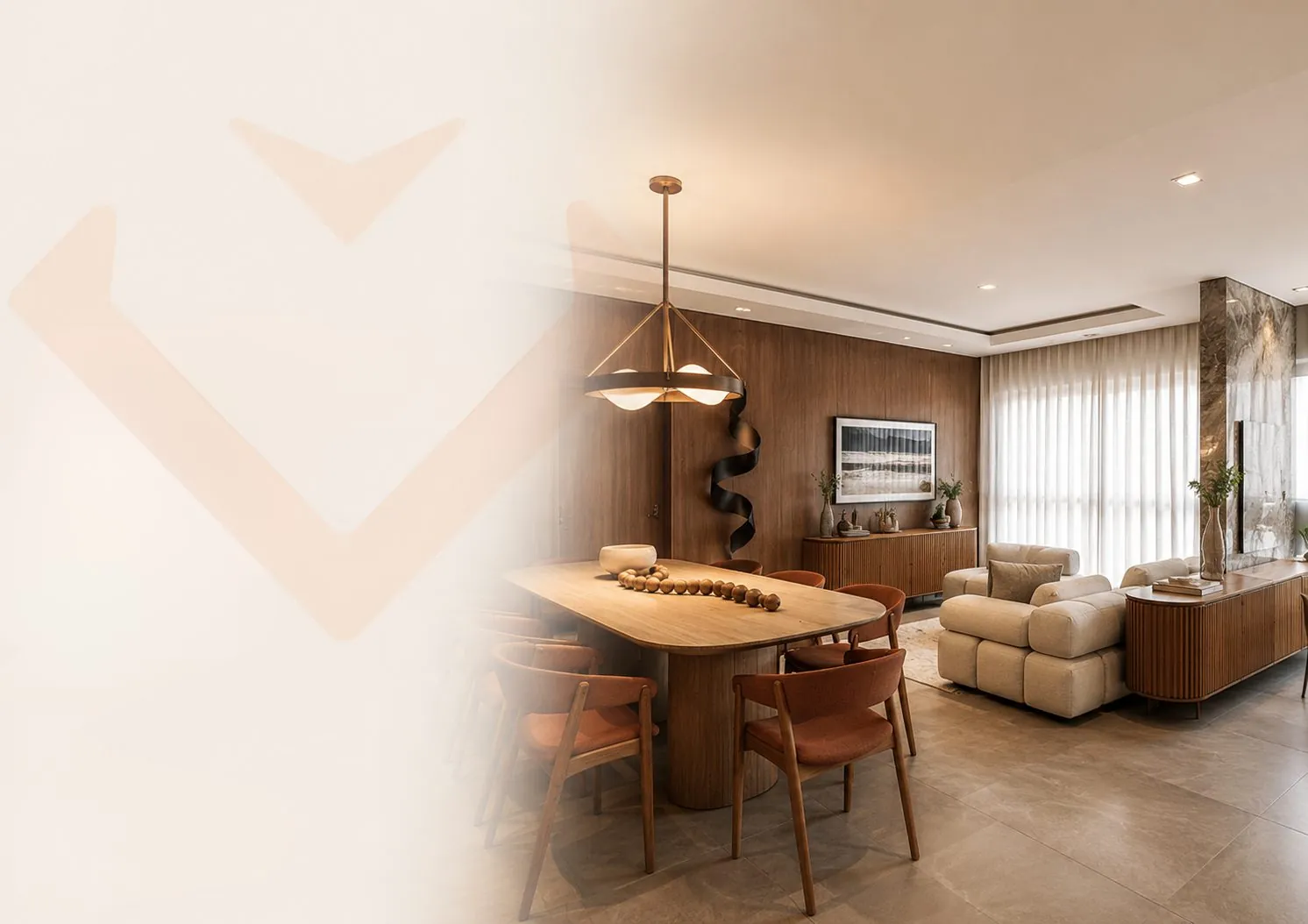 Sala de jantar integrada com iluminação quente em projeto de interiores da Avalon